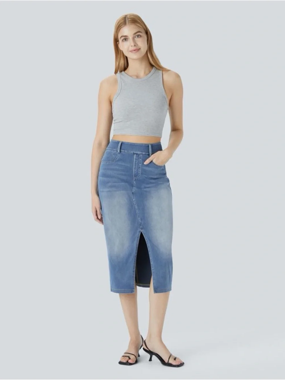 Halara Flex High Waisted Pockets Bodycon Washed Denim Casual Midi Skirt NWT